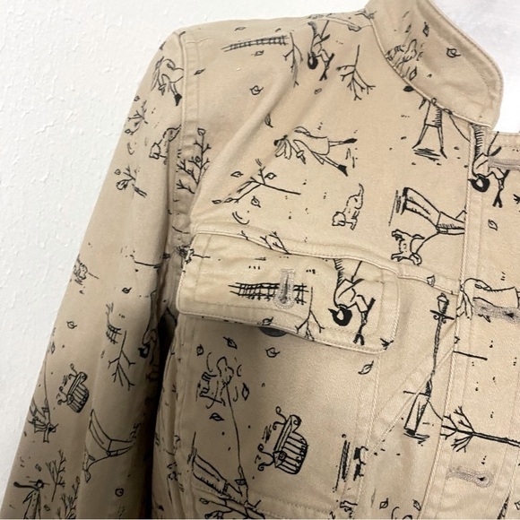 Christopher & Banks 2007 Tan Stretch Jacket Blazer Dog & People Sketch Drawing M - Picture 3 of 8